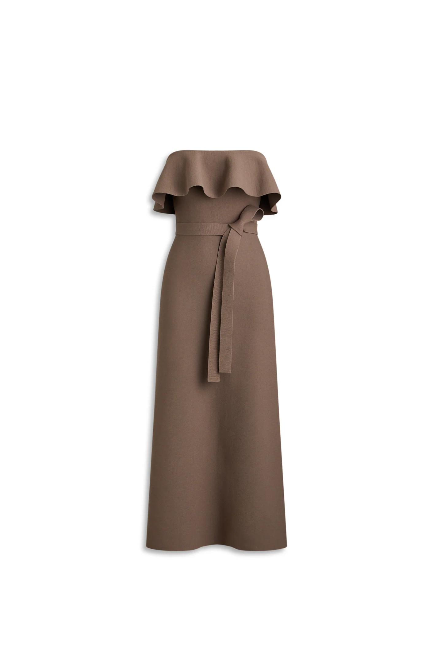 CREPE KNIT RUFFLE STRAPLESS DRESS