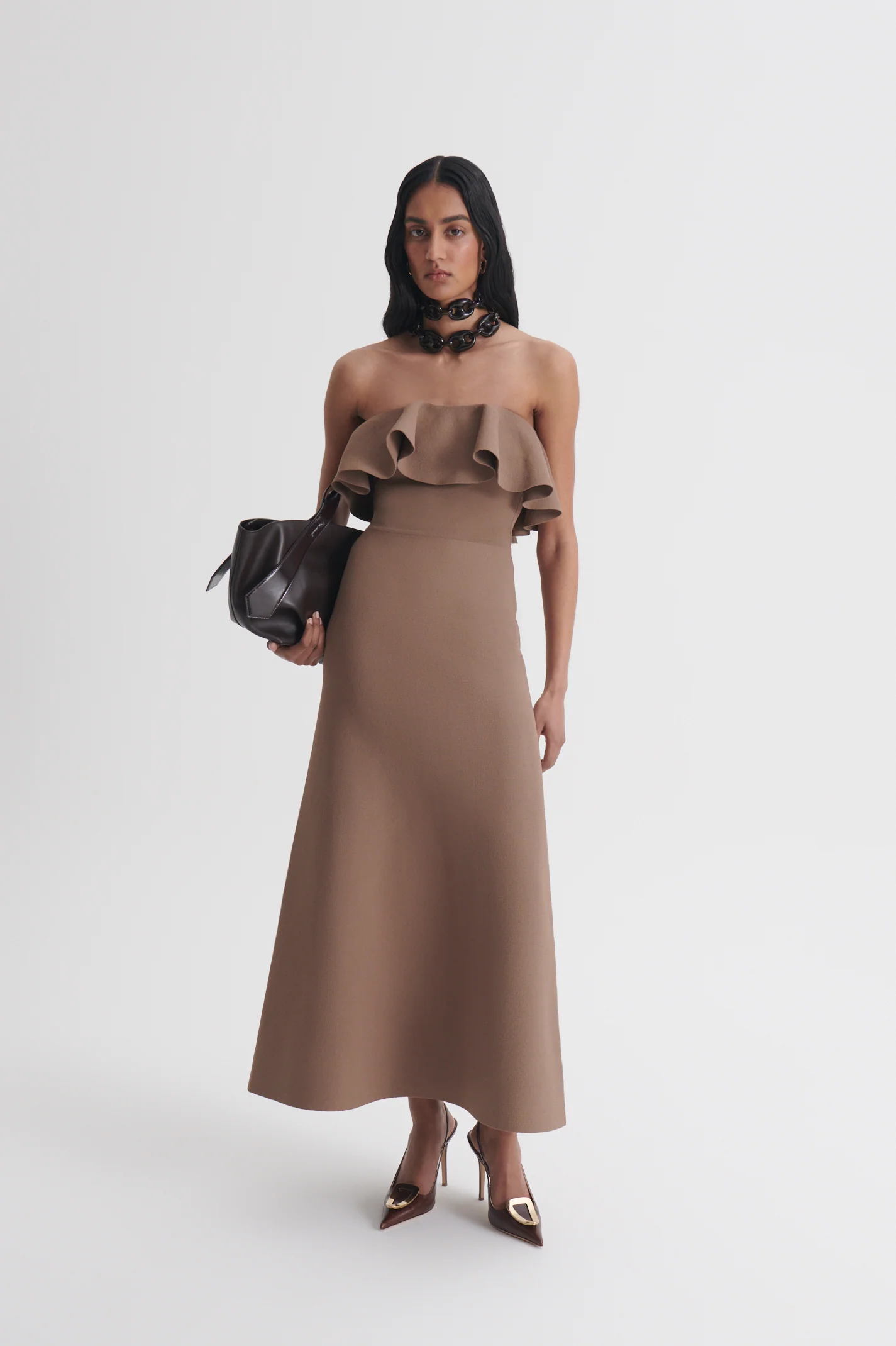 CREPE KNIT RUFFLE STRAPLESS DRESS - Image 3